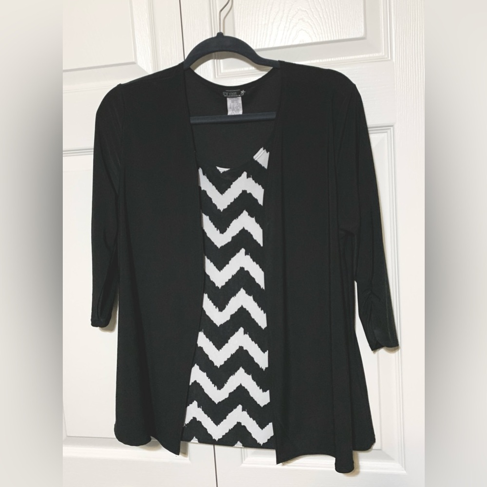 Black Open Front Cardigan with Chevron Top